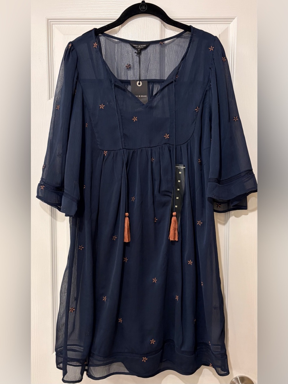 Lucky Brand Blue Dress Embroidery Tassel Boho Peasant Cowgirl Western Size M Med